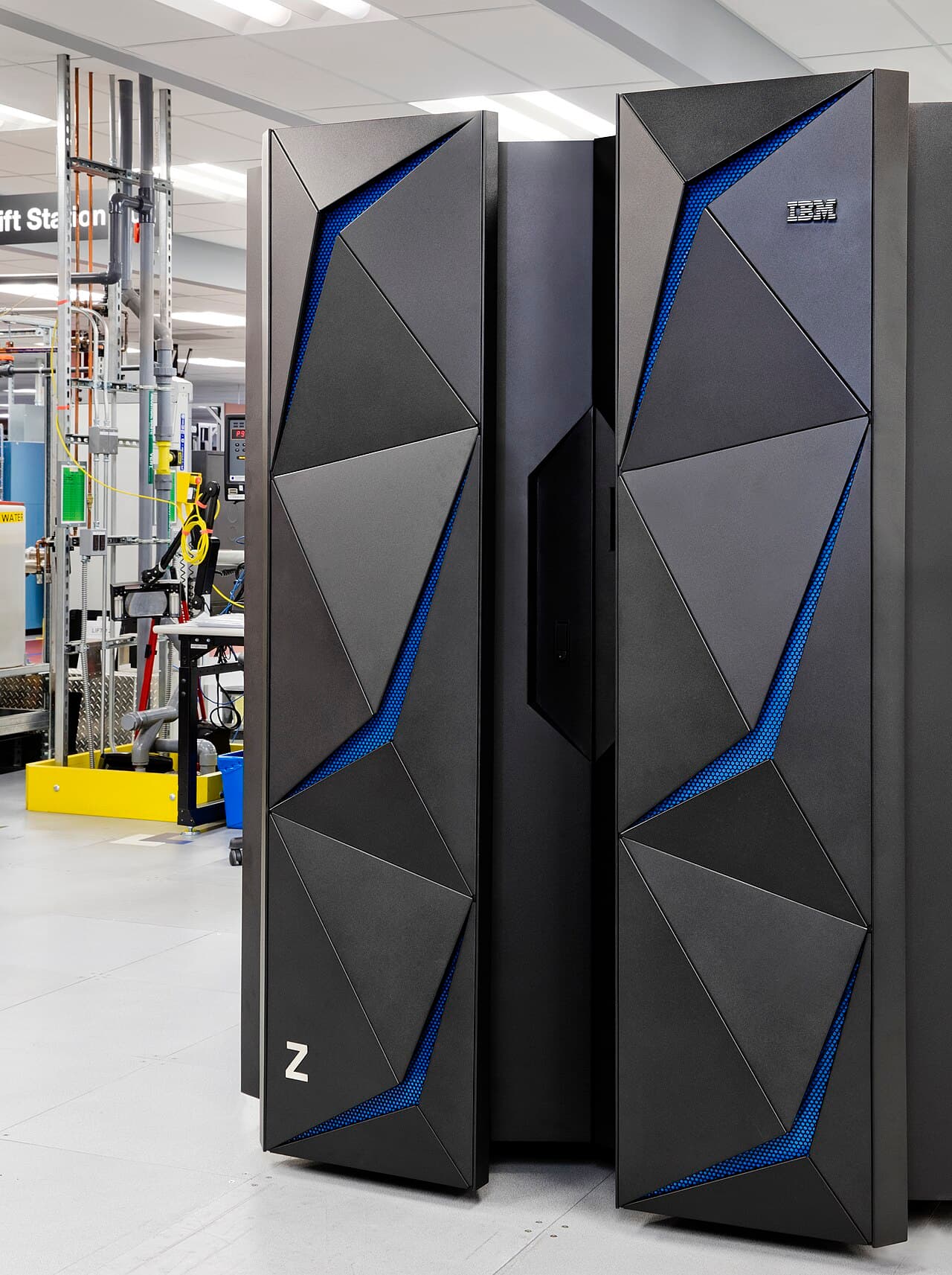 An IBM z14 mainframe with faceted black doors
